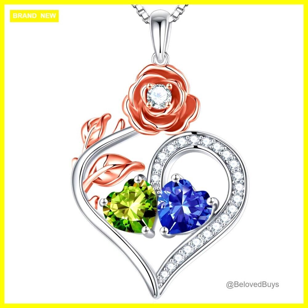 Sterling Silver Double Birthstone Necklace, Rose Heart Pendant, 19" Chain